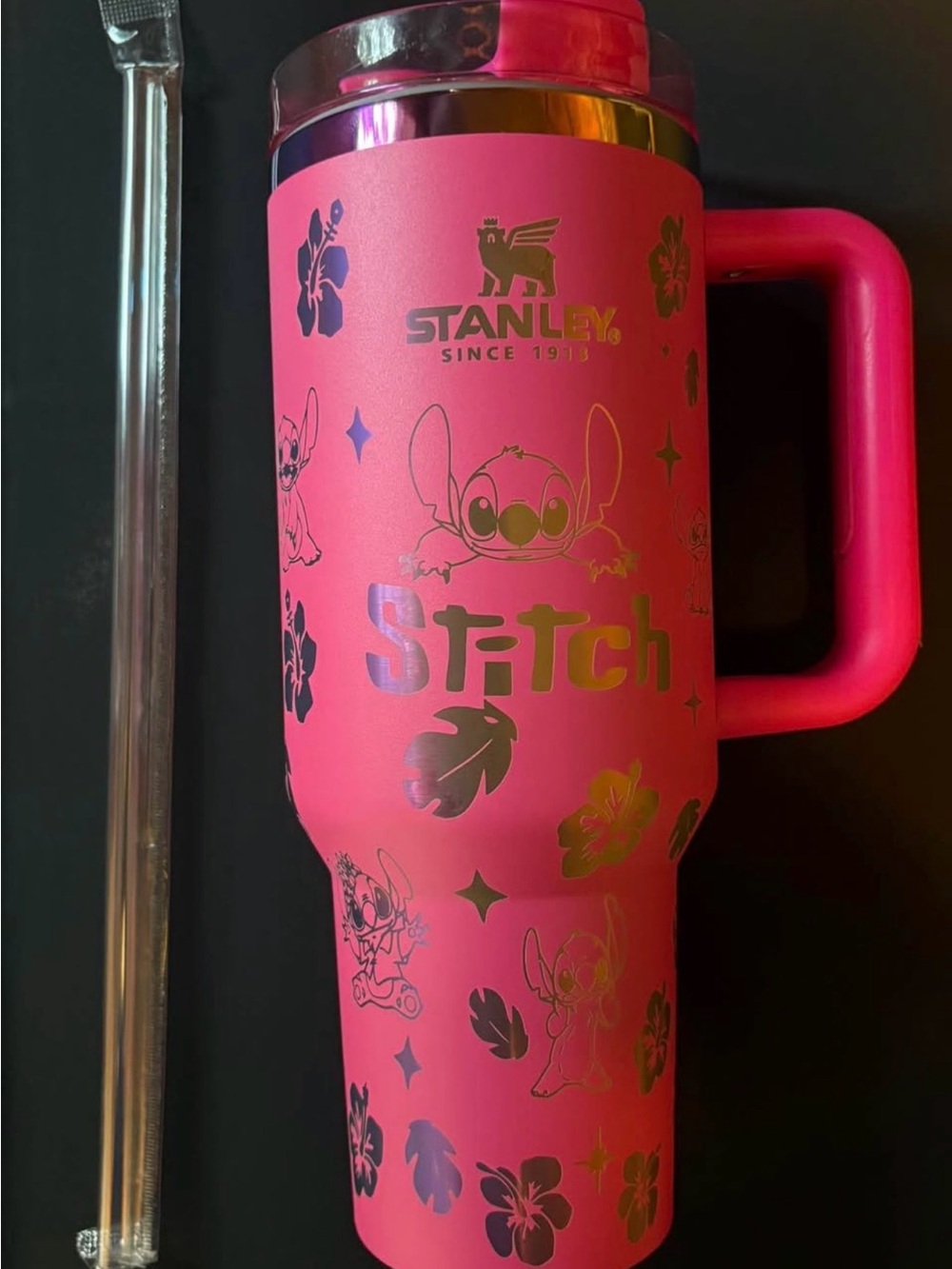 Stanley Hot Pink Stitch Holographic Floral Travel Tumbler